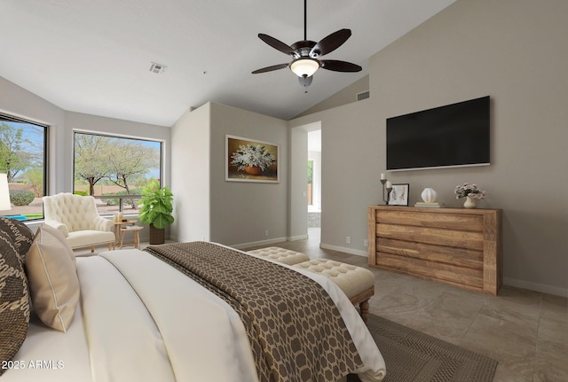 bedroom with ceiling fan, vaulted ceiling, visible vents, and baseboards
