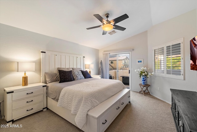 bedroom featuring access to exterior, light colored carpet, lofted ceiling, a ceiling fan, and baseboards