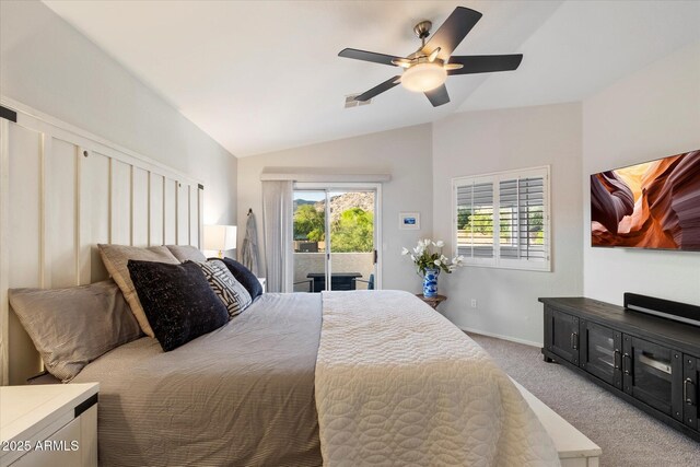bedroom featuring access to outside, carpet, vaulted ceiling, baseboards, and ceiling fan