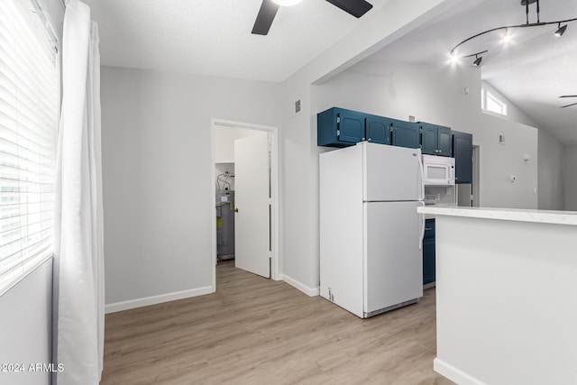 455 S Delaware Dr Unit 120, Apache Junction, AZ 85120 - kitchen featuring white appliances, blue cabinets, a ceiling fan, lofted ceiling, and light wood finished floors