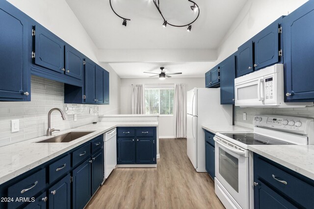 455 S Delaware Dr Unit 120, Apache Junction, AZ 85120 - kitchen featuring white appliances, a sink, light wood-style flooring, blue cabinets, and a peninsula