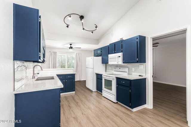 455 S Delaware Dr Unit 120, Apache Junction, AZ 85120 - kitchen with white appliances, blue cabinets, a sink, and ceiling fan