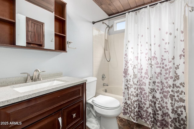 bathroom featuring toilet, vanity, and shower / bath combo with shower curtain
