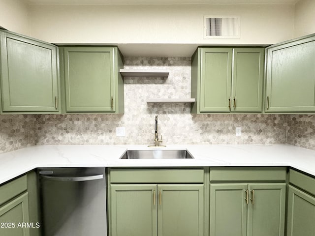 kitchen with a sink, green cabinetry, open shelves, visible vents, and stainless steel dishwasher