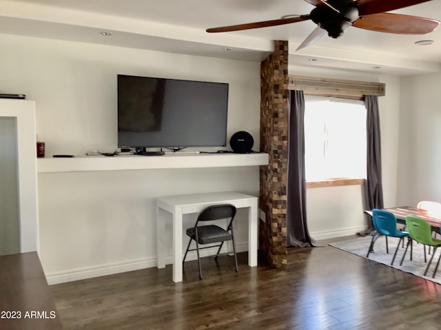 living room featuring ceiling fan and dark wood-type flooring