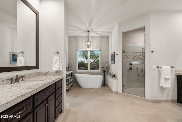 bathroom with vanity and plus walk in shower