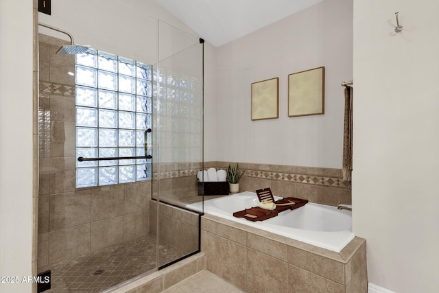 9821 E Windrose Dr, Scottsdale, AZ 85260 - bathroom with a shower stall, a bath, and tile patterned floors