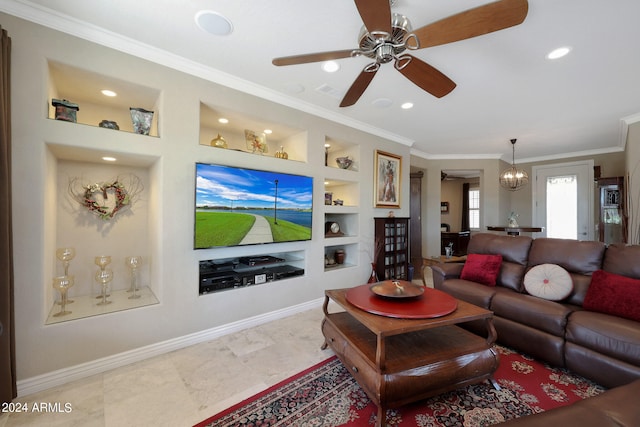 living room featuring light tile patterned floors, ceiling fan with notable chandelier, ornamental molding, and built in features