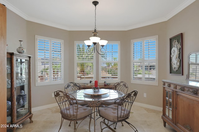 tiled dining room with a wealth of natural light, crown molding, and an inviting chandelier