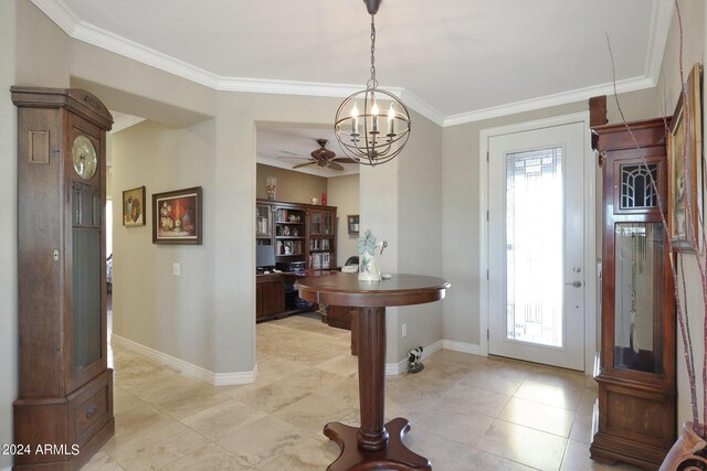 entryway featuring light tile patterned floors, ceiling fan with notable chandelier, and crown molding