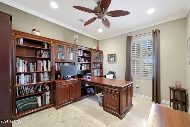 tiled office with ceiling fan and crown molding