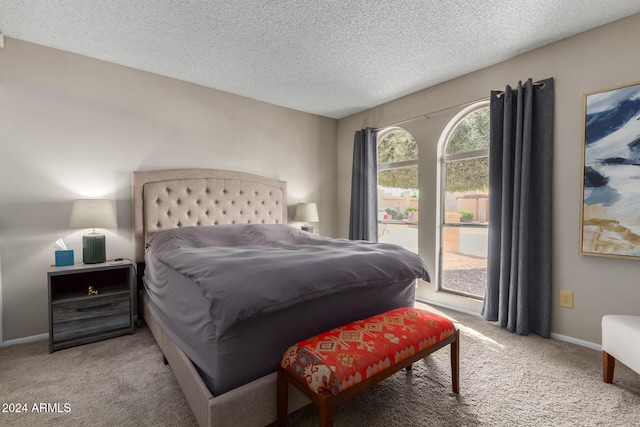 carpeted bedroom featuring access to exterior and a textured ceiling