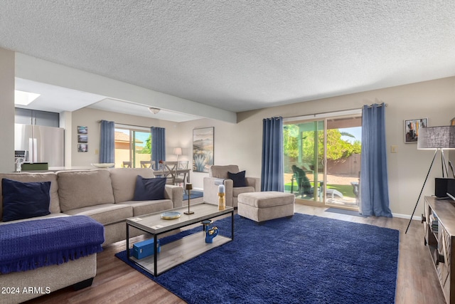 living room featuring plenty of natural light, hardwood / wood-style floors, and a textured ceiling