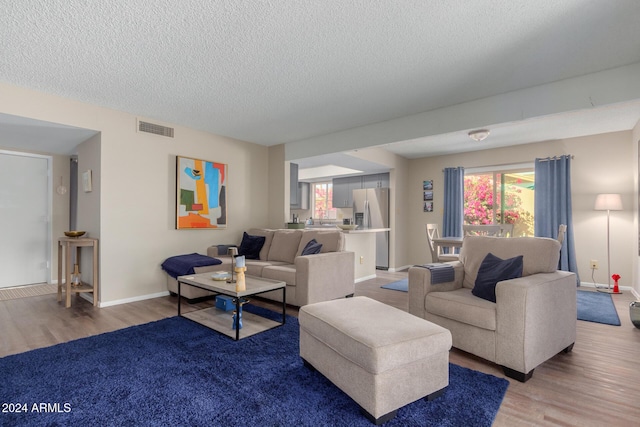 living room with hardwood / wood-style flooring and a textured ceiling