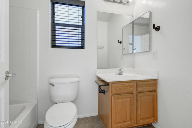 full bathroom featuring bathtub / shower combination, vanity, toilet, and tile patterned flooring