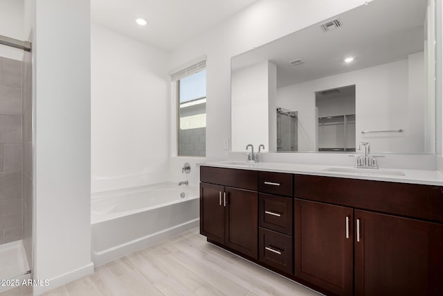 bathroom with vanity and separate shower and tub