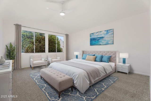 carpeted bedroom with ceiling fan and lofted ceiling