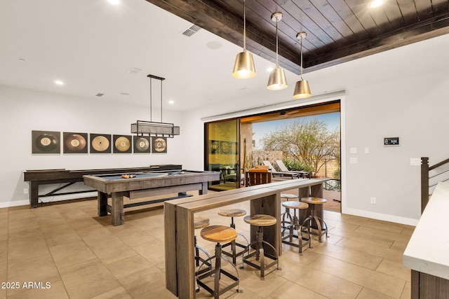 interior space with recessed lighting, wood ceiling, and baseboards