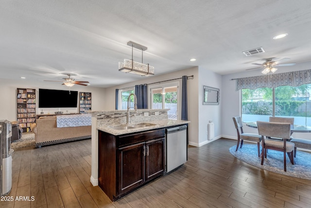 308 E Sheffield Ct, Gilbert, AZ 85296 - kitchen with dishwasher, a ceiling fan, dark brown cabinets, dark wood finished floors, and recessed lighting