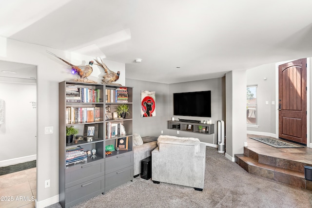 living area featuring carpet flooring and baseboards