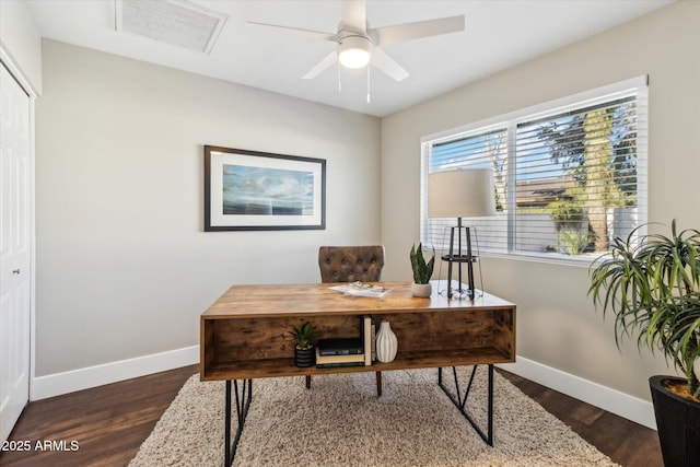 office featuring dark wood-type flooring and ceiling fan