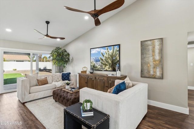 living room with high vaulted ceiling and dark wood-type flooring