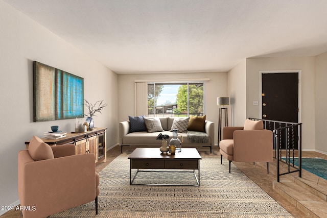 living room with tile patterned floors