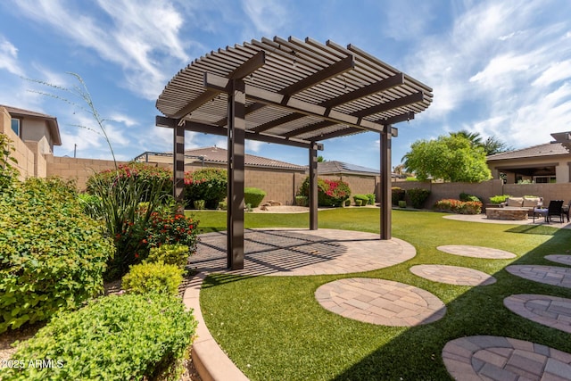 view of yard with a fenced backyard, a patio area, and a pergola