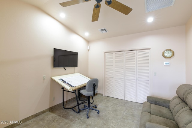 272 N Cucuracha St, Wickenburg, AZ 85390 - home office with concrete flooring, ceiling fan, and recessed lighting
