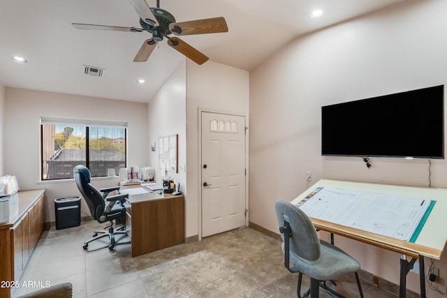 272 N Cucuracha St, Wickenburg, AZ 85390 - home office featuring lofted ceiling, a ceiling fan, baseboards, and recessed lighting