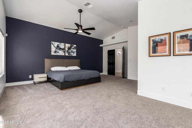 bedroom with carpet, lofted ceiling, and ceiling fan