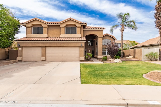 7460 E Kiowa Ave, Mesa, AZ 85209 - mediterranean / spanish-style house with stucco siding, concrete driveway, an attached garage, and a tile roof