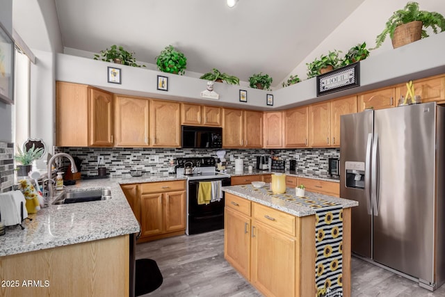 7460 E Kiowa Ave, Mesa, AZ 85209 - kitchen with stainless steel fridge, range with electric cooktop, black microwave, a sink, and lofted ceiling