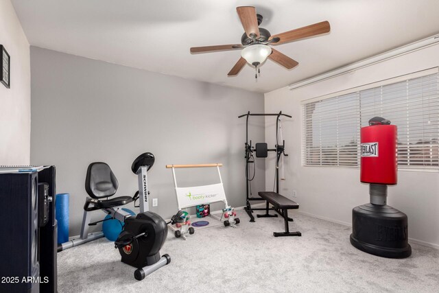 7460 E Kiowa Ave, Mesa, AZ 85209 - workout room featuring carpet floors, ceiling fan, and baseboards
