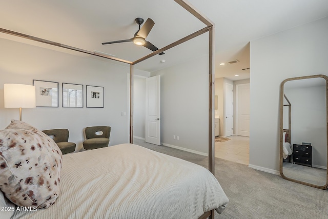9352 E Saturn Ave, Mesa, AZ 85212 - bedroom featuring light carpet, recessed lighting, baseboards, and ceiling fan