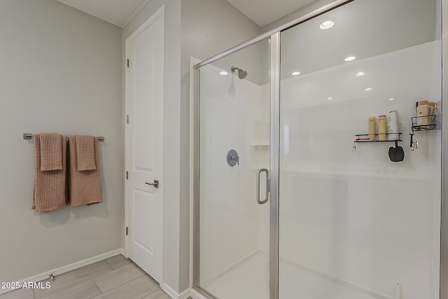 9352 E Saturn Ave, Mesa, AZ 85212 - bathroom with a shower stall, baseboards, and recessed lighting