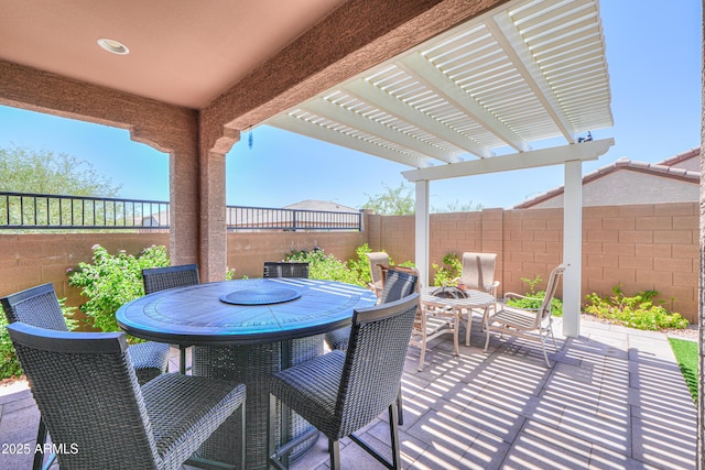2929 E Mohave Ln, Apache Junction, AZ 85119 - fenced backyard with outdoor dining space, a pergola, and a patio area