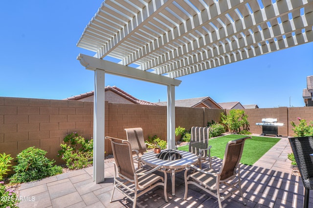 2929 E Mohave Ln, Apache Junction, AZ 85119 - fenced backyard with grilling area, a pergola, and a patio