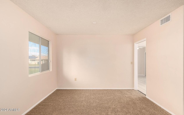 unfurnished room with carpet and a textured ceiling