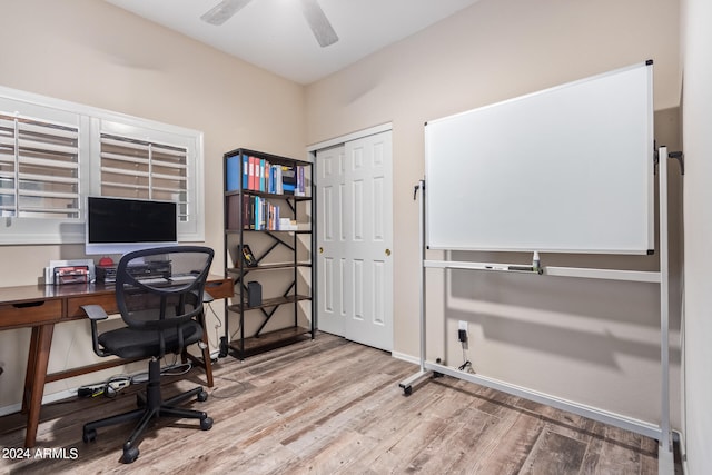 office featuring ceiling fan and light wood-type flooring