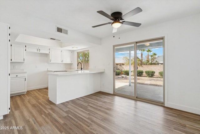 4829 E Apache Cir, Phoenix, AZ 85044 - kitchen with a peninsula, light wood finished floors, light countertops, white cabinets, and ceiling fan