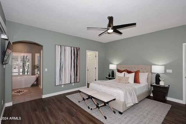 bedroom with ceiling fan and dark wood-type flooring