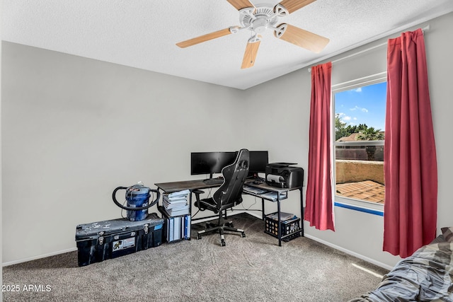 3608 W Harrison St, Chandler, AZ 85226 - home office featuring a ceiling fan, carpet flooring, a textured ceiling, and baseboards