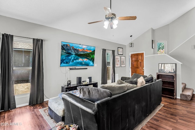 3608 W Harrison St, Chandler, AZ 85226 - living area with wood finished floors, ceiling fan, high vaulted ceiling, and baseboards