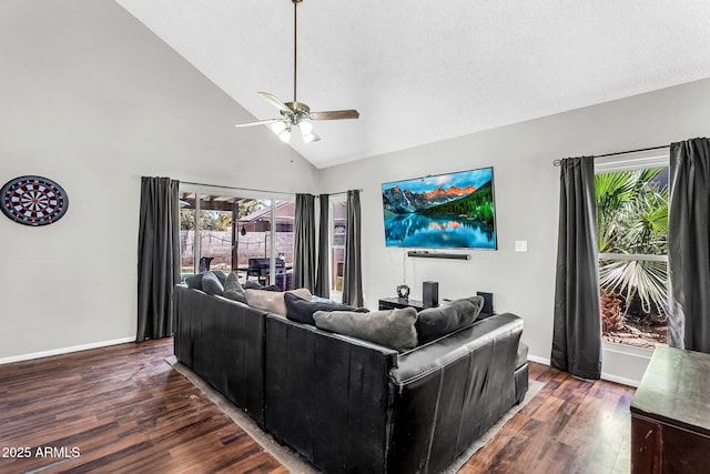 3608 W Harrison St, Chandler, AZ 85226 - living area with a ceiling fan, wood finished floors, healthy amount of natural light, high vaulted ceiling, and baseboards