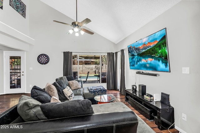 3608 W Harrison St, Chandler, AZ 85226 - living room featuring wood finished floors, a ceiling fan, high vaulted ceiling, and baseboards
