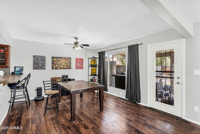 3608 W Harrison St, Chandler, AZ 85226 - home office with dark wood-style floors, a ceiling fan, and baseboards