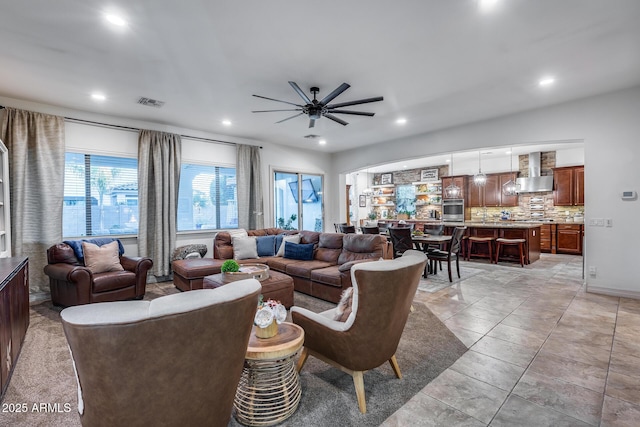20125 E Via Del Rancho, Queen Creek, AZ 85142 - living area with light tile patterned floors, visible vents, recessed lighting, and a ceiling fan