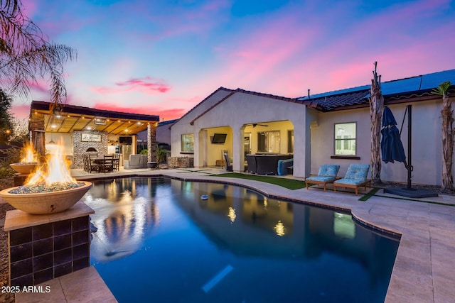 20125 E Via Del Rancho, Queen Creek, AZ 85142 - outdoor pool with a patio, an outdoor fire pit, ceiling fan, an outdoor fireplace, and a jacuzzi