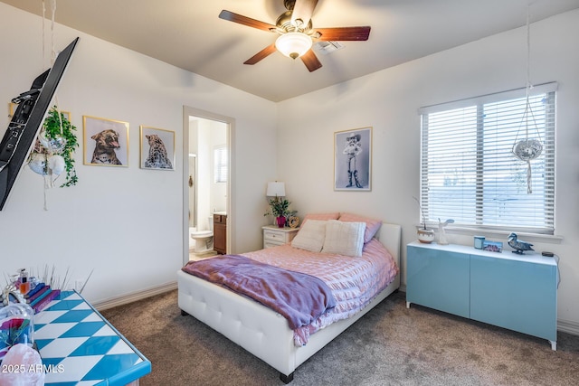 20125 E Via Del Rancho, Queen Creek, AZ 85142 - bedroom featuring carpet, baseboards, connected bathroom, visible vents, and a ceiling fan